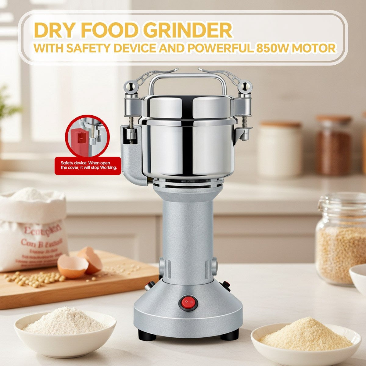 Royal Swiss® Moulin Électrique à Épices 850 W – Moulin Sec en Acier Inoxydable 150 g – 6 Lames – 28 000 tr/min – Pour Café, Noix & Épices