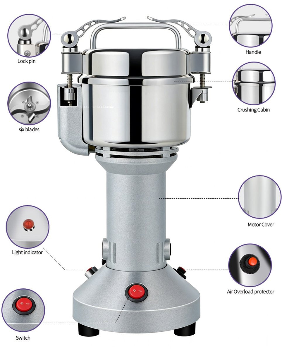 Royal Swiss® Moulin Électrique à Épices 850 W – Moulin Sec en Acier Inoxydable 150 g – 6 Lames – 28 000 tr/min – Pour Café, Noix & Épices