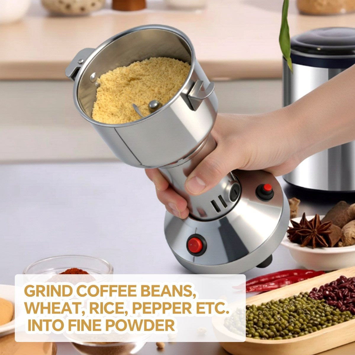 Royal Swiss® Moulin Électrique à Épices 850 W – Moulin Sec en Acier Inoxydable 150 g – 6 Lames – 28 000 tr/min – Pour Café, Noix & Épices