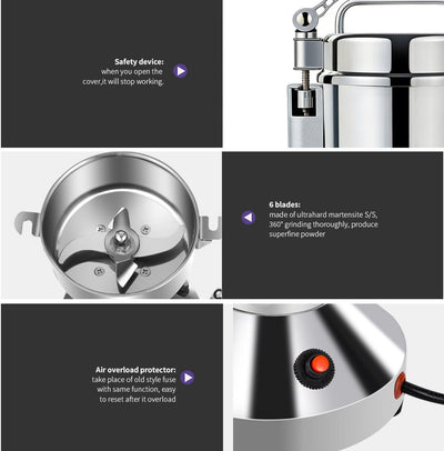 Royal Swiss® Moulin Électrique à Épices 850 W – Moulin Sec en Acier Inoxydable 150 g – 6 Lames – 28 000 tr/min – Pour Café, Noix & Épices