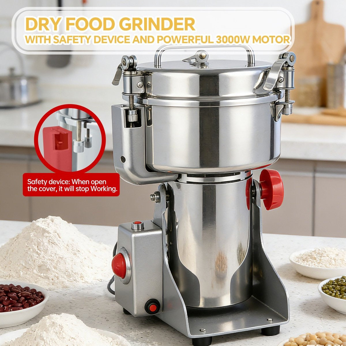 Royal Swiss® Moulin Électrique à Épices & à Grains – 3000 W – Capacité 1000 g – Broyeur Puissant en Acier Inoxydable pour Épices, Céréales & Grains de Café