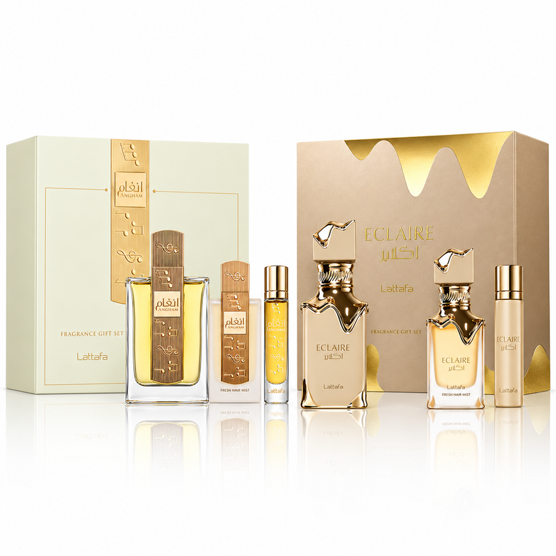 Lattafa Angham and Eclaire Special Pack – two original Dubai fragrance brand gift sets, total six pieces