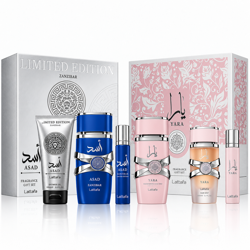 Lattafa Asad Zanzibar and Yara Special Pack, two original perfume gift sets and six fragrance items on a white studio background