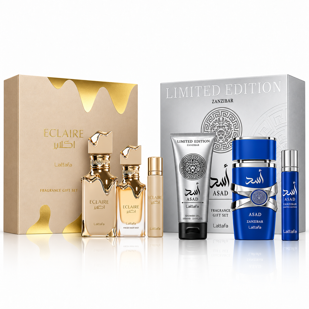 Lattafa Eclaire &amp; Asad Zanzibar Special Pack – two genuine fragrance gift sets with six total items on a white background