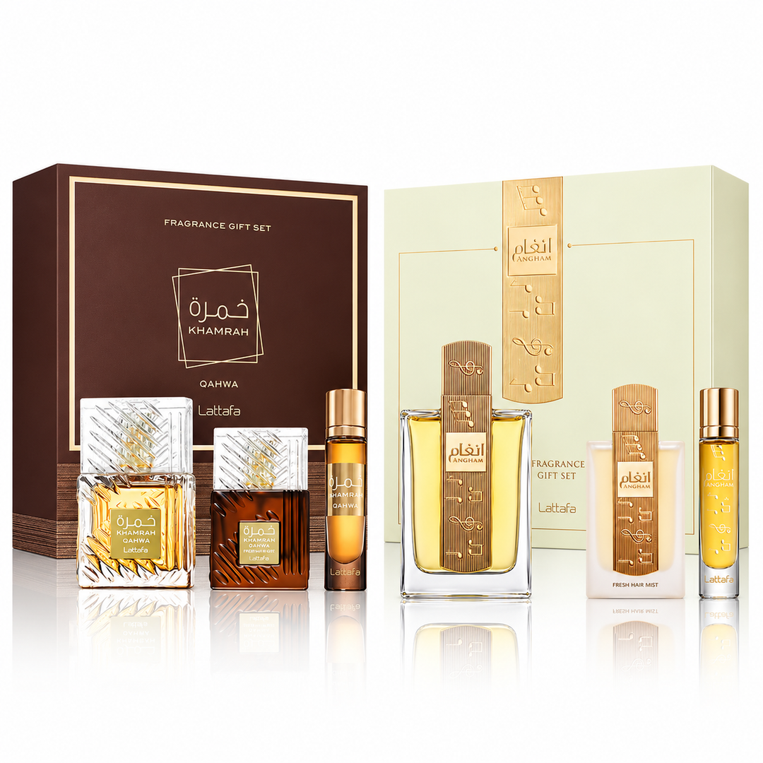 Lattafa Khamrah Qahwa and Angham Special Pack 100% Original Dubai brand fragrance duo, two gift boxes and six fragrance products