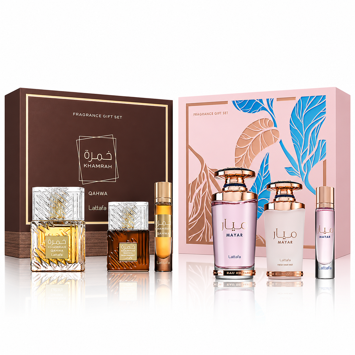 Lattafa Khamrah Qahwa and Mayar special pack with two three-piece gift sets, perfumes, travel fragrances and hair mists