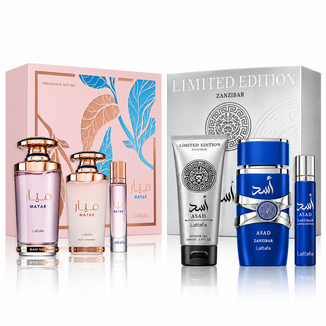 Lattafa Mayar and Asad Zanzibar special fragrance gift pack – two complete three-piece perfume gift sets in one bundle