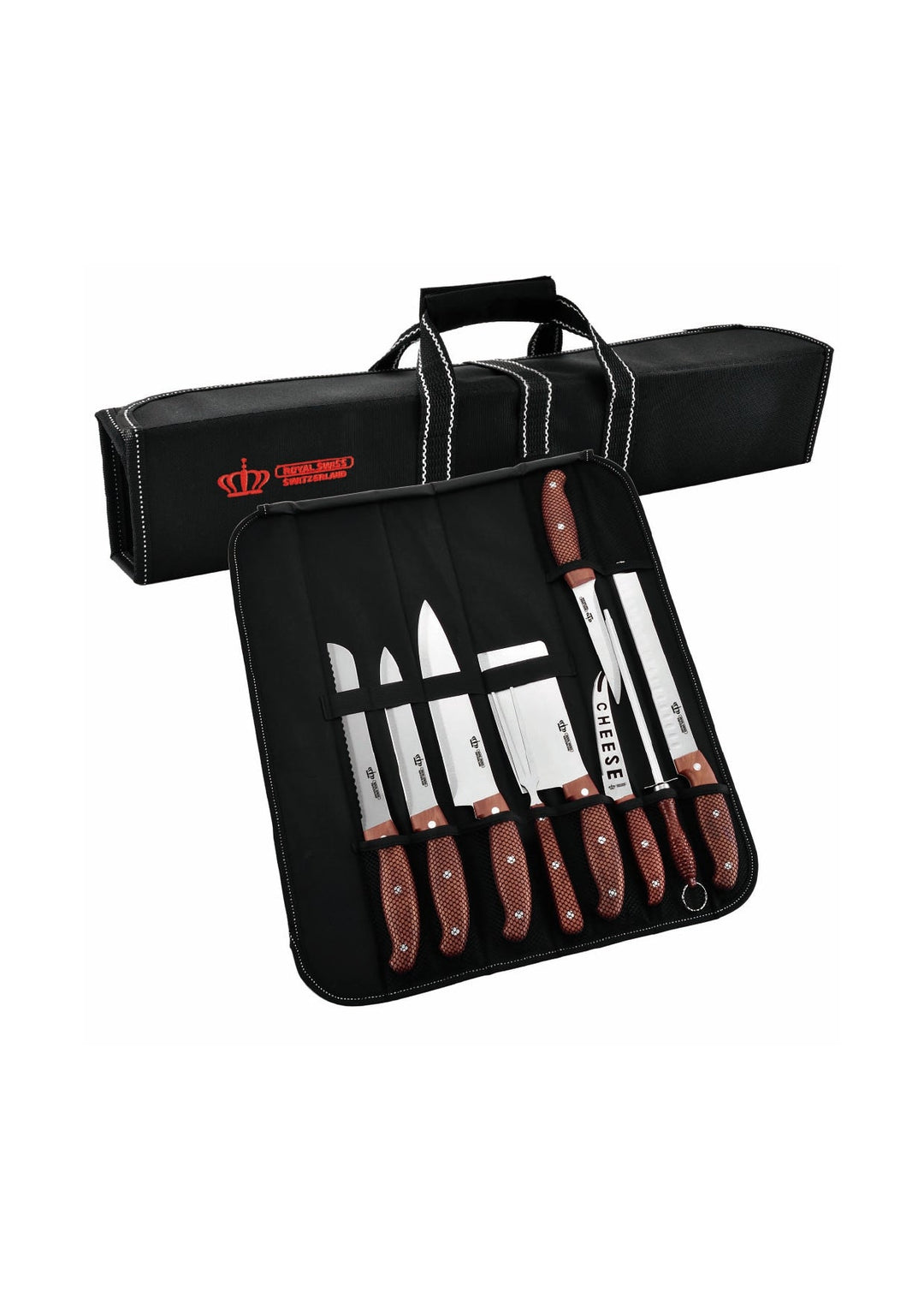 Royal Swiss 9-piece knife set with wooden handles and storage bag
