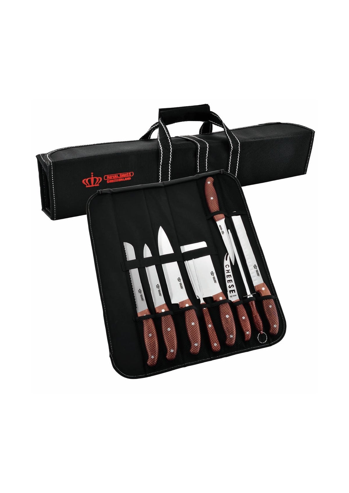 Royal Swiss 9-piece knife set with wooden handles and storage bag